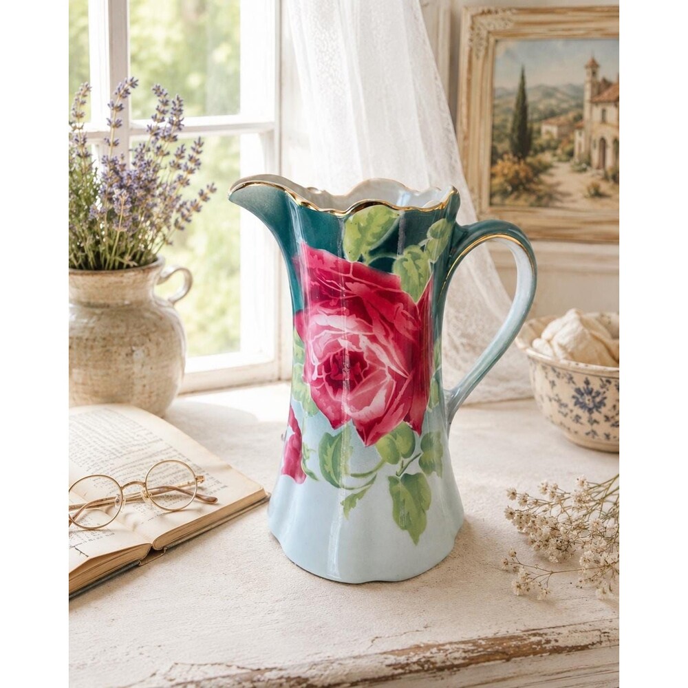 Vintage c.1950s Porcelain Rose Pitcher 9” Tall Teal Green Gold Trim Floral Vase